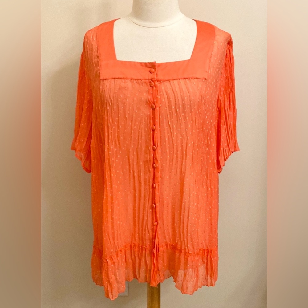 Maggie Barnes Swiss Dot Orange SZ 1X Whimsical Bohemian Charm Y2K Crinkle Top